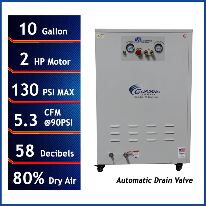 Ultra quiet air compressor with automatic drain valve showing 10 gallon tank 2 HP motor and sound proof cabinet specifications