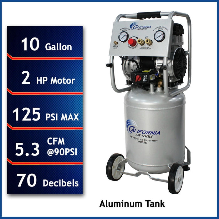 Specifications chart for California Air Tools 10020AC showing size, weight, 125 PSI max pressure, and 70 decibel noise level