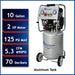 Specifications chart for California Air Tools 10020AC showing size, weight, 125 PSI max pressure, and 70 decibel noise level