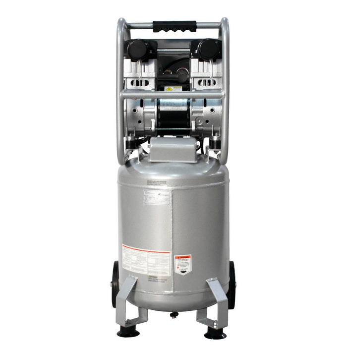 Rear view of California Air Tools 10020AC showing dual piston oil-free motor and aluminum tank design