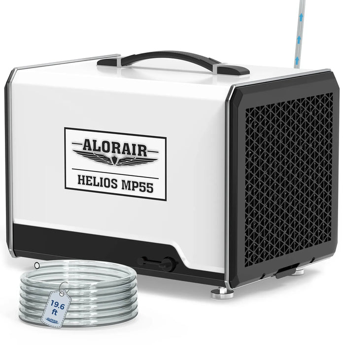 AlorAir Helios MP55 crawl space dehumidifier with 19.6 ft drain hose on white background