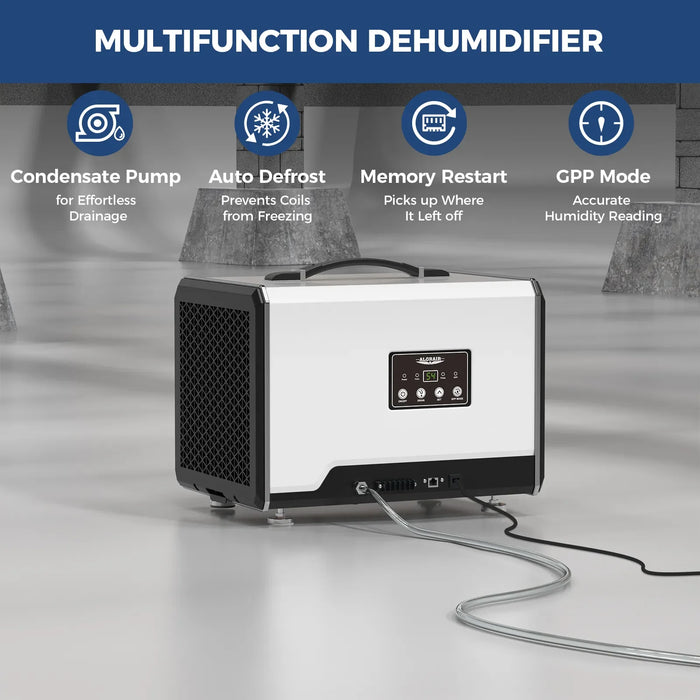 AlorAir Helios MP55 multifunction features: condensate pump, auto defrost, memory restart, and GPP mode