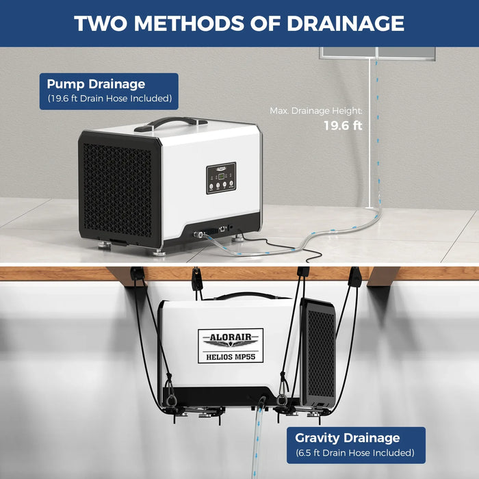 Back angle view of the AlorAir Helios MP55 dehumidifier showing the digital control panel and drain hose