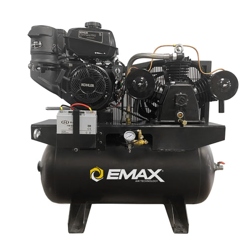 Front view of EMAX 14 HP gas truck mount air compressor with horizontal tank and piston pump