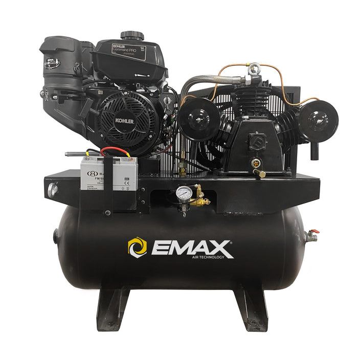Front view of EMAX 14 HP gas truck mount air compressor with horizontal tank and piston pump