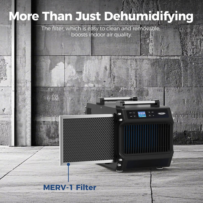 AlorAir Galaxy 60P dehumidifier removable MERV-1 filter pulled partway out for cleaning