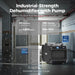 AlorAir Galaxy 60P industrial-strength dehumidifier with pump shown reducing humidity from 95% to 45% RH in a garage