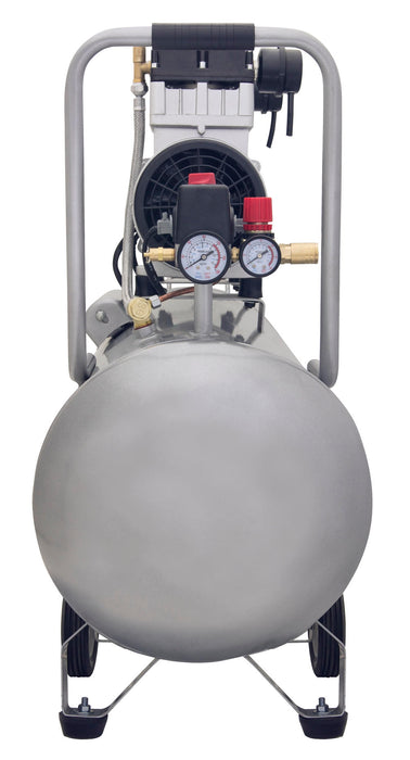 Left side view of California Air Tools 15020C air compressor showing steel tank, handle, wheels, and oil-free motor