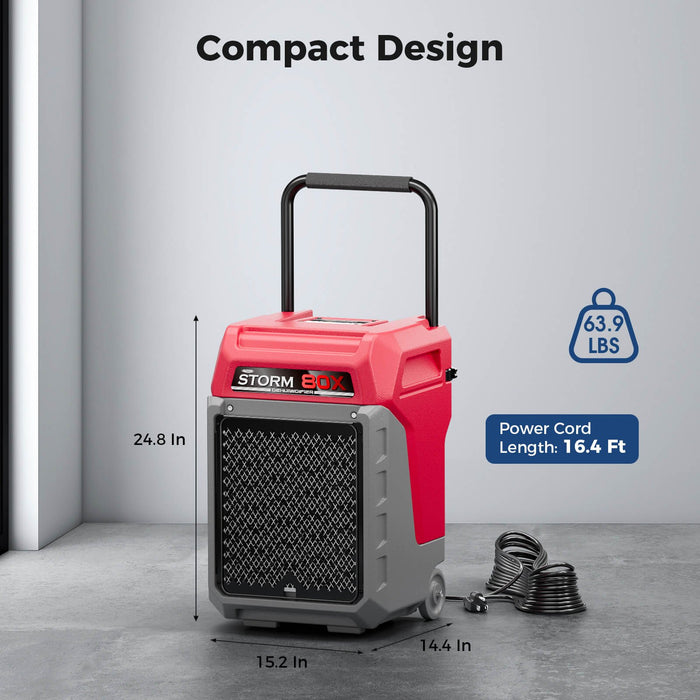 AlorAir Storm 80X compact design dimension diagram showing 24.8 x 15.2 x 14.4 inch housing, 63.9 lb weight, and 16.4 ft power cord