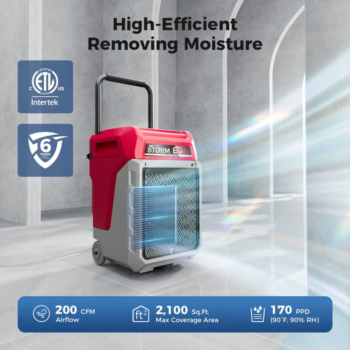 AlorAir Storm 80X high-efficient moisture removal graphic showing ETL certification, 6-year warranty, 200 CFM airflow, 2,100 sq. ft. coverage, and 170 PPD capacity