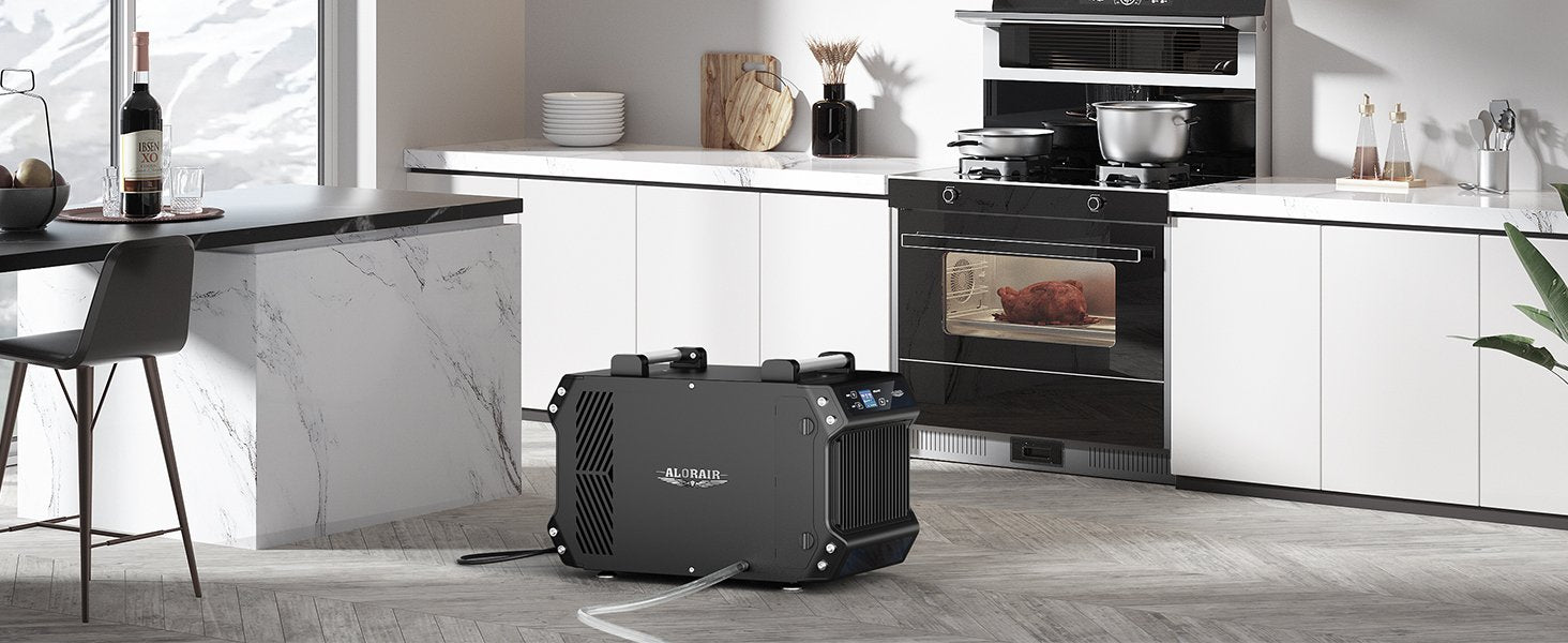 AlorAir Galaxy 85P specifications graphic showing 115V power, 5.3A current, R32 refrigerant, MERV-1 filtration, and quiet operation.