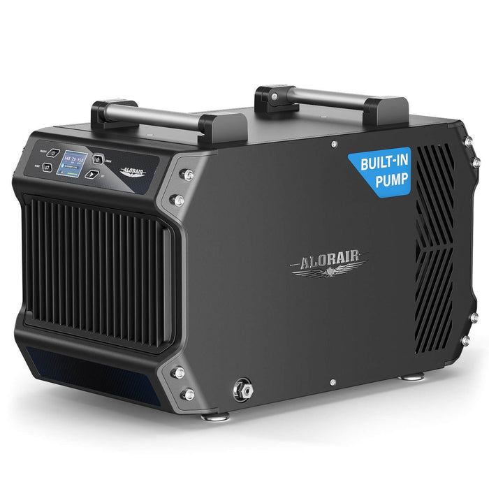 Side-angle view of the Galaxy 85P 180 PPD dehumidifier showing its compact cabinet, built-in pump label, ventilation grille, and drain connection.