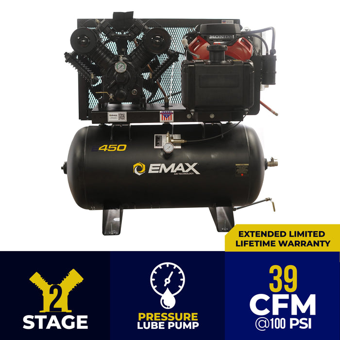 Front view of EMAX E450 G Honda GX gas powered truck mount stationary air compressor with pressure lube pump and compact 30 gallon tank