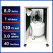 Performance specifications graphic for ultra quiet oil-free air compressor with 8 gallon tank and 40 decibel operation