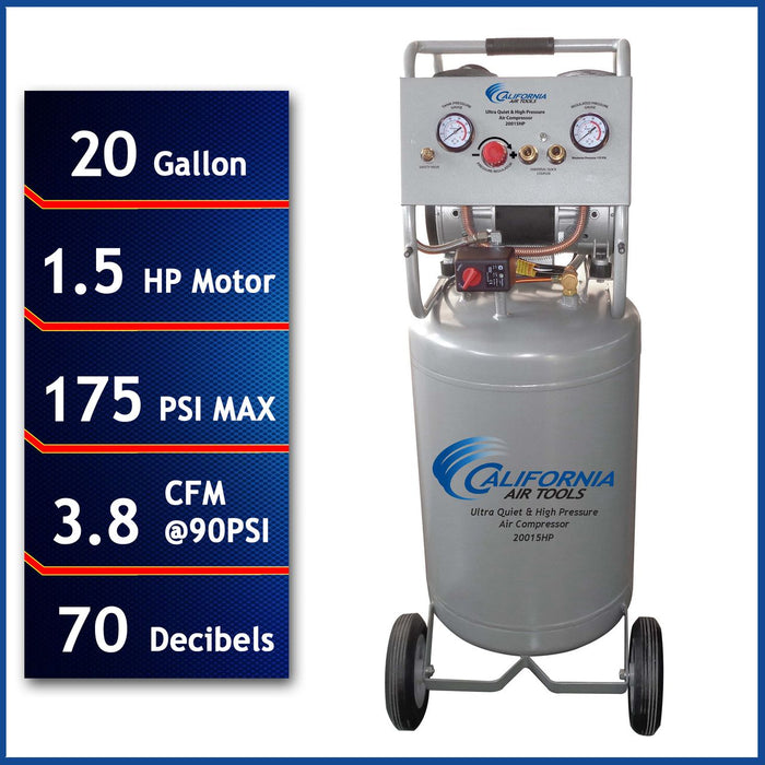 Performance graphic showing 20 gallon tank, 1.5 HP motor, airflow, and 70 decibel noise level of California Air Tools air compressor