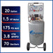 Performance graphic showing 20 gallon tank, 1.5 HP motor, airflow, and 70 decibel noise level of California Air Tools air compressor