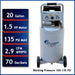 California Air Tools 1.5 HP air compressor showing 20 gallon tank, 135 PSI max, 2.9 CFM at 90 PSI, and 70 decibels