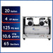 Performance specifications showing CFM, PSI, decibel level, and tank size of a 4 HP 20 gallon ultra quiet air compressor