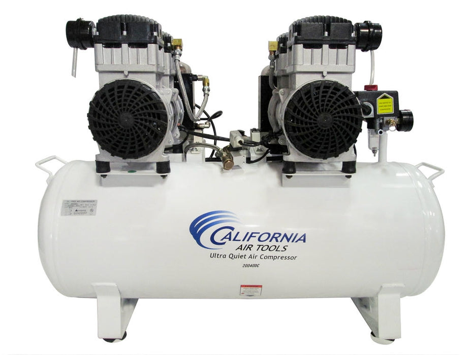 Front view of California Air Tools Ultra Quiet & Oil-Free Air Compressor with dual piston pumps and 20 gallon steel tank