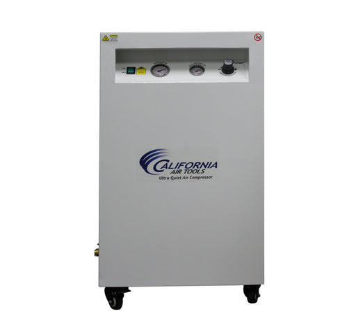 Front view of California Air Tools ultra quiet oil-free air compressor with 20 gallon tank and sound proof cabinet