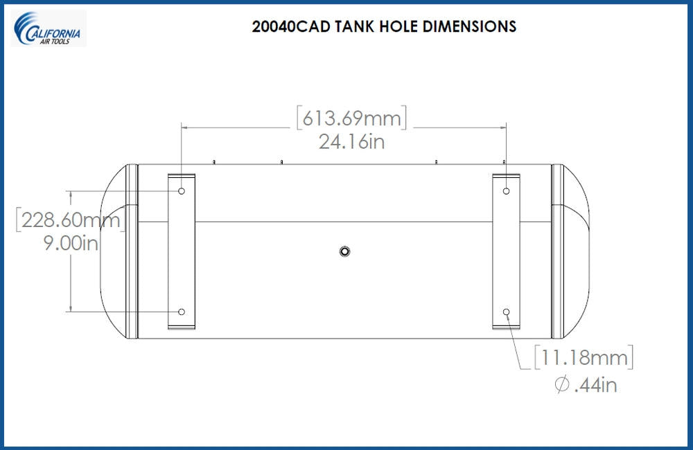 Tank feet hole dimensions diagram for California Air Tools Ultra Quiet oil-free 20 gallon air compressor