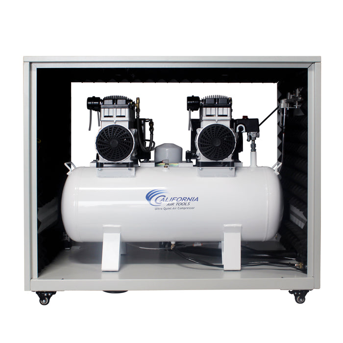 Inner left view of California Air Tools 20040DSPCADC ultra quiet air compressor showing tank and motor assembly inside cabinet