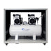Inner left view of California Air Tools 20040DSPCADC ultra quiet air compressor showing tank and motor assembly inside cabinet