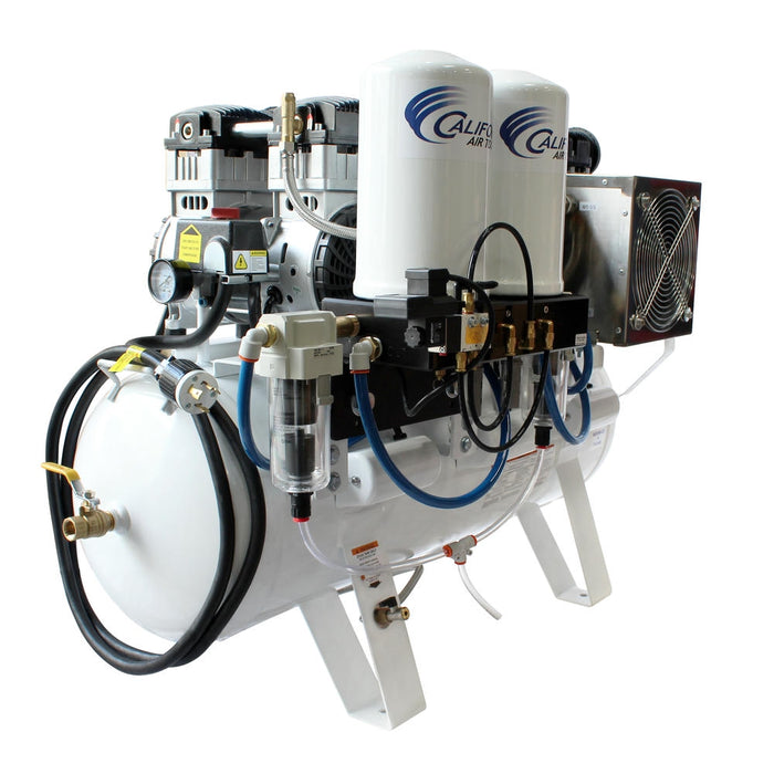 California Air Tools 6 HP ultra quiet oil-free air compressor showing power cable, motors, and rear components