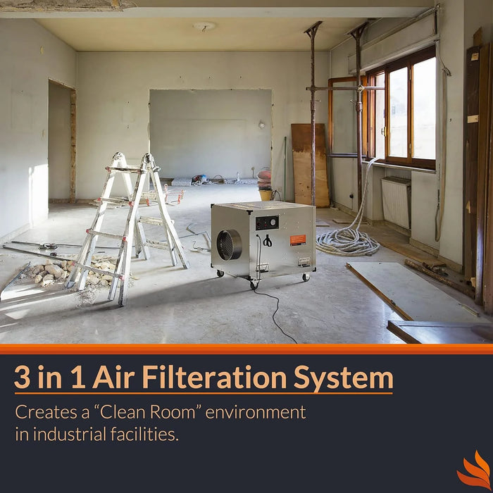 HEPA Pro UVIG air scrubber running its 3-stage filtration system in a cleanroom-style jobsite environment