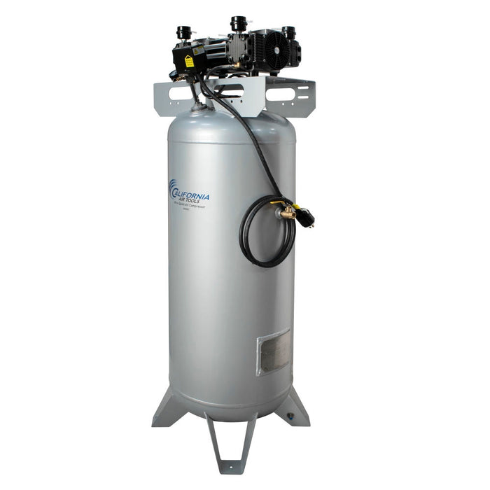 Rear angle of 60 gallon California Air Tools oil-free air compressor showing vertical tank and motor assembly