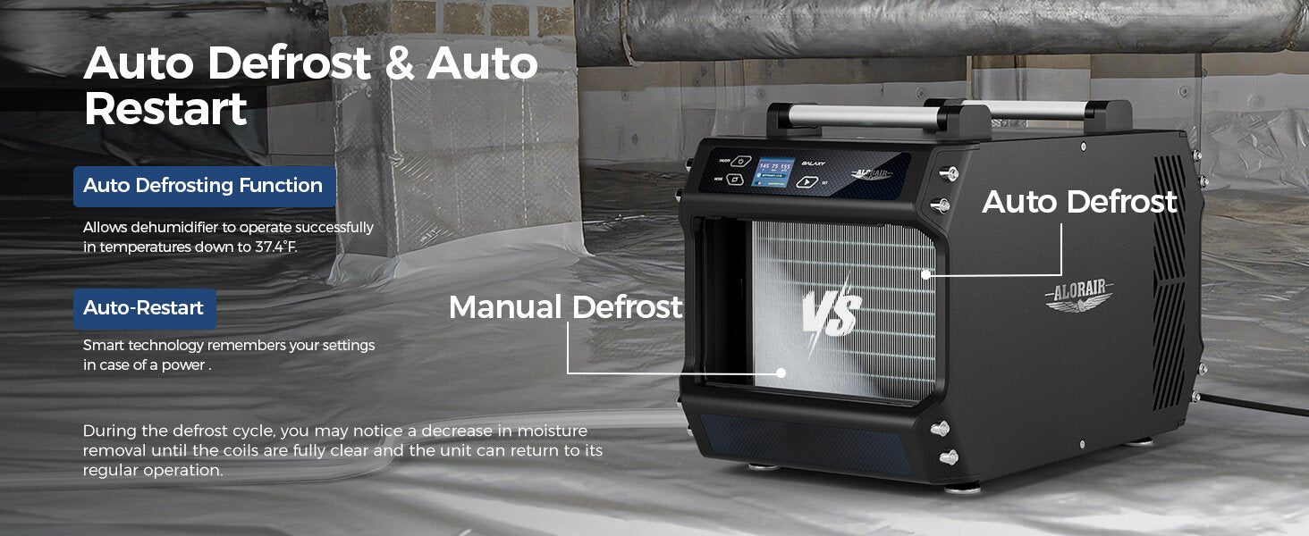 AlorAir Galaxy 60 dehumidifier auto defrost versus manual defrost comparison graphic, hanging installed in a crawl space