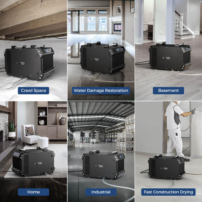 AlorAir Galaxy 60 crawlspace dehumidifier shown in six use cases: crawl space, water damage restoration, basement, home, industrial facility, and construction drying