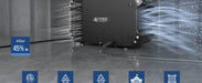 AlorAir Galaxy 60 crawlspace dehumidifier installed on a vapor barrier beneath wood floor joists in a crawl space