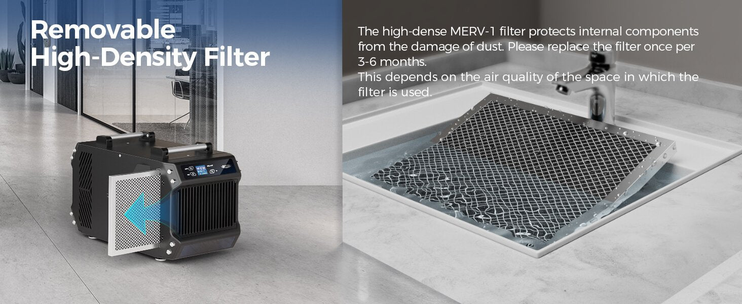 AlorAir Galaxy 60 dehumidifier removable MERV-1 filter shown being taken out and rinsed clean in a sink