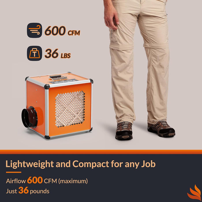 Compact orange HEPA 600 UVIG air scrubber beside a technician's legs, highlighting 600 CFM airflow and lightweight 36 lb portable design