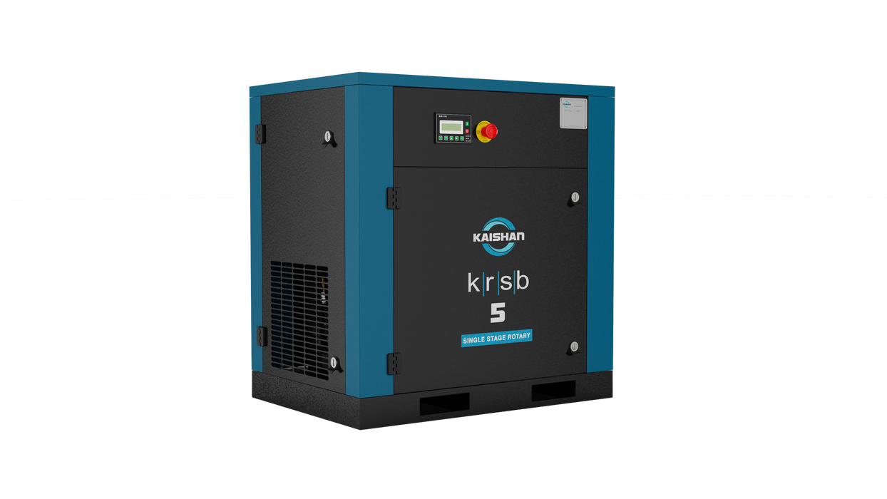 Close-up detail view of the 7.5 HP Kaishan KRSB rotary screw air compressor showing belt drive system components