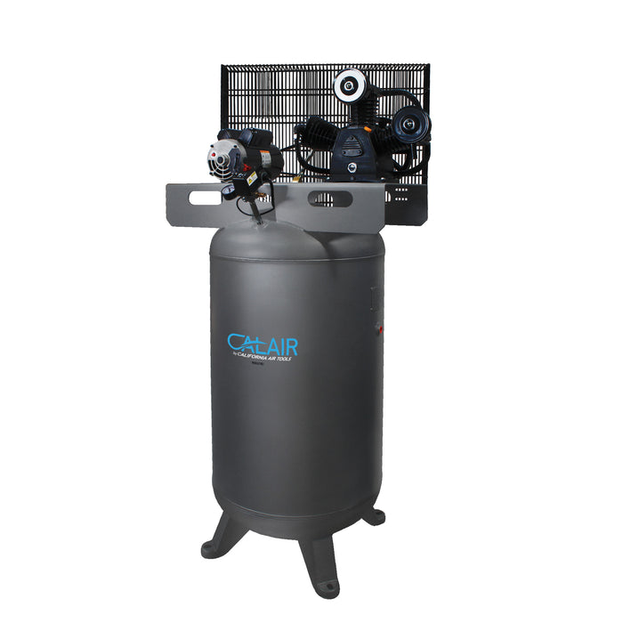 Angle view of California Air Tools oil-lubricated belt-driven air compressor with 80 gallon ASME steel tank