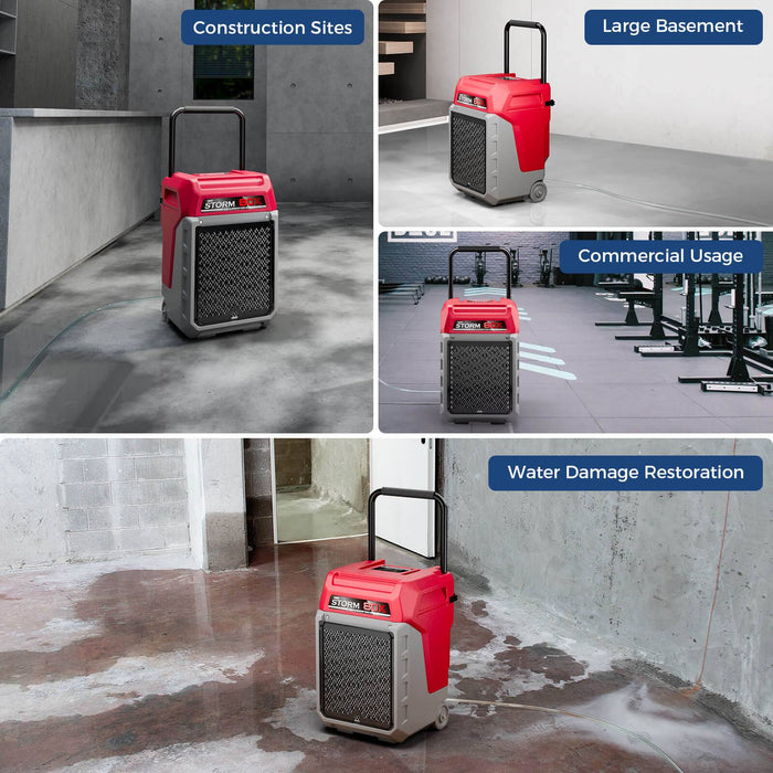 AlorAir Storm 80X dehumidifier shown in four applications: construction sites, large basement, commercial usage, and water damage restoration