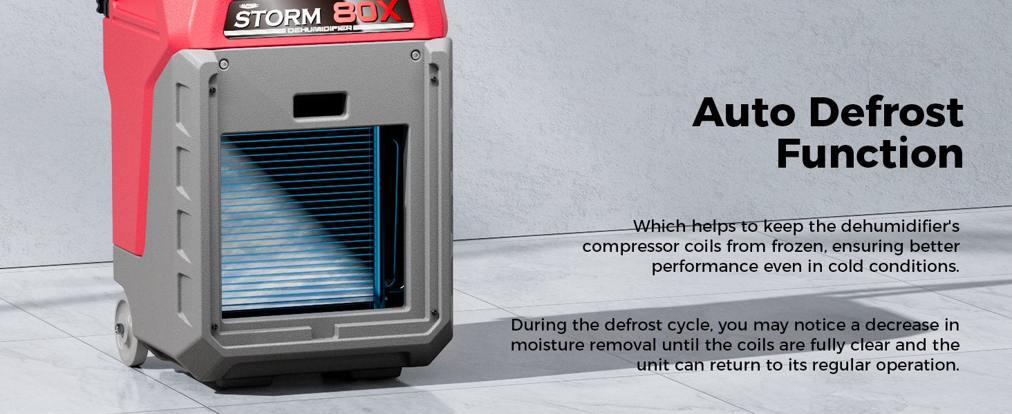 AlorAir Storm 80X auto defrost function showing internal coils that stay clear of frost for consistent performance in cold conditions