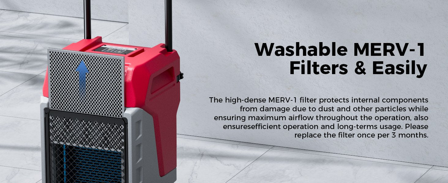 AlorAir Storm 80X washable MERV-1 filter that protects internal components from dust and particles, recommended for replacement every 3 months