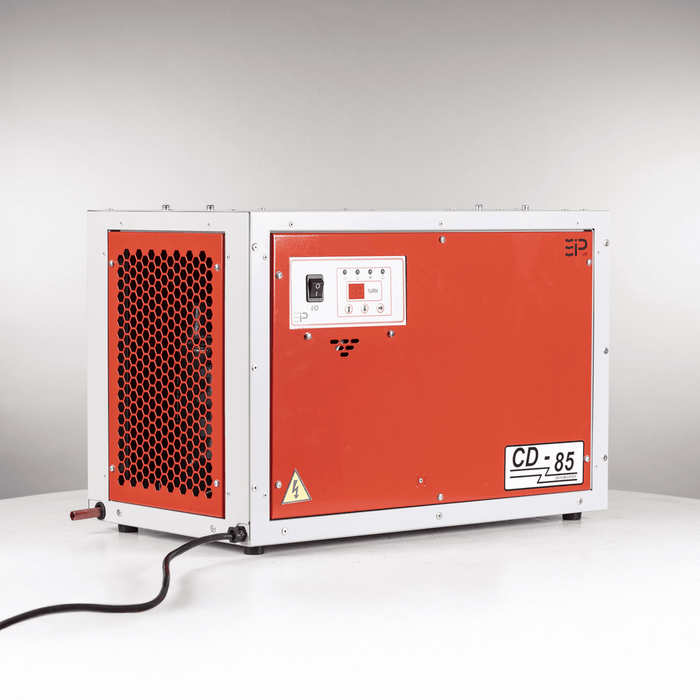 EBac CD85 Commercial Dehumidifier, model number 10293GR-US, against a white background, highlighting the red casing and control panel.