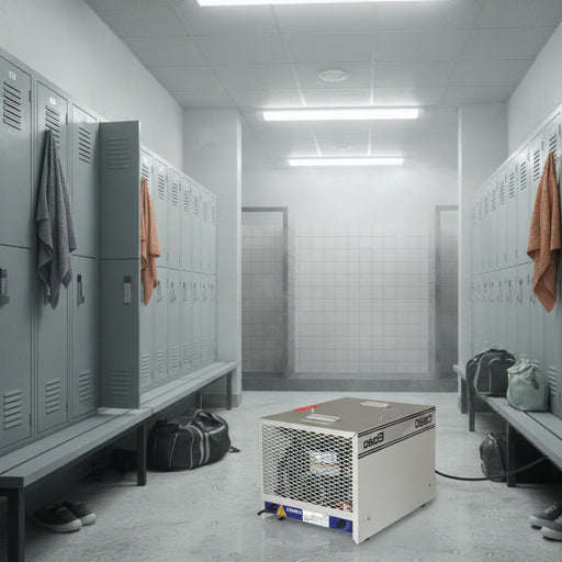 EBac CS60 Commercial Dehumidifier with 360 CFM placed in a locker room setting with benches and wooden lockers.