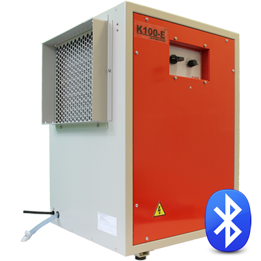 An EBac K100E High-Capacity Dehumidifier, featuring a red front panel, white sides, and a Bluetooth connectivity symbol on the lower right corner, against a transparent background.