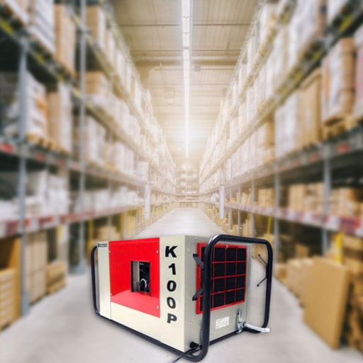 EBac K100P industrial dehumidifier in a warehouse environment, illustrating a potential use case.