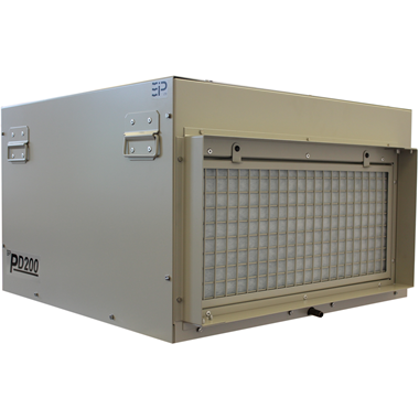 Side view of the EBac PD200 Industrial Dehumidifier, featuring a robust beige exterior with a front-facing grille, capable of extracting 190 PPD of moisture and delivering 664 CFM of airflow, model number 1028250