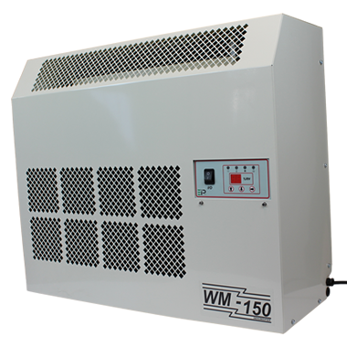 Front view of the EBac WM150-D Industrial Dehumidifier, with a capacity of 71 PPD and airflow of 650 CFM, showcasing its control panel and venting grid, model number 11285GL-US