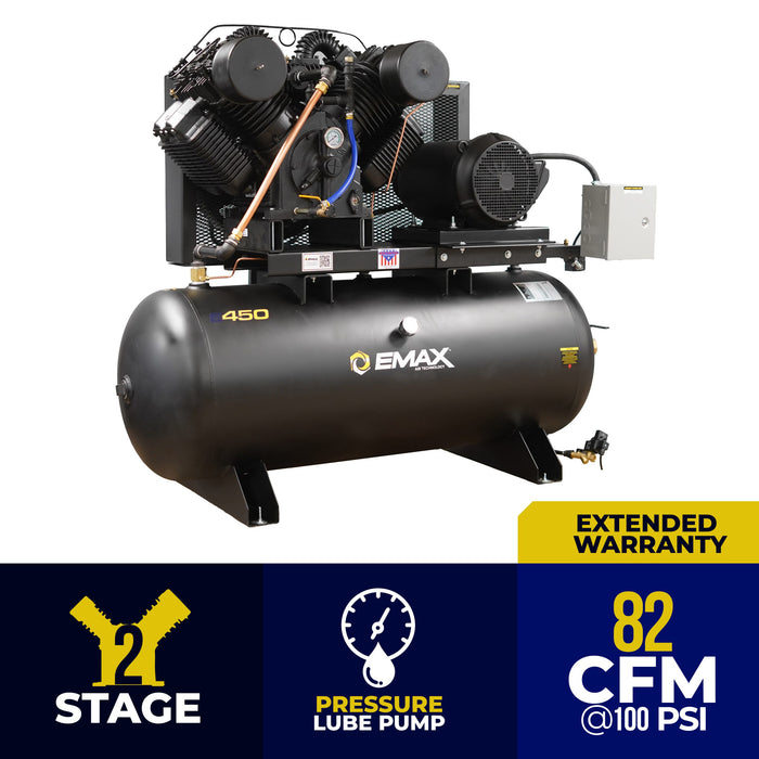 Side view of the EMAX E450 25 HP Piston Air Compressor, showcasing the 3 Phase, 120 Gallon, Horizontal configuration with Emax Industrial Plus branding and splash lube pump feature