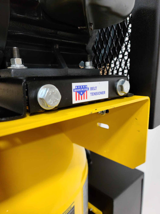 Detailed view of the belt tensioner feature on the EMAX E450 Series 5 HP Air Compressor, showcasing the quality and build