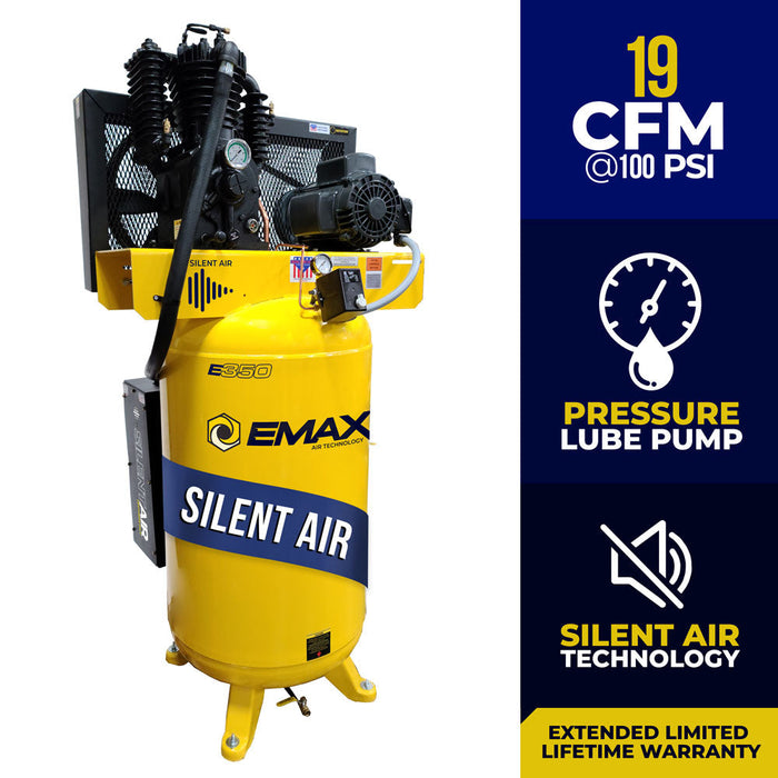Full view of the EMAX E450 Series 5 HP Piston Air Compressor with 30 CFM Air Dryer, highlighting the specifications including 19 CFM at 100 PSI and Silent Air Technology