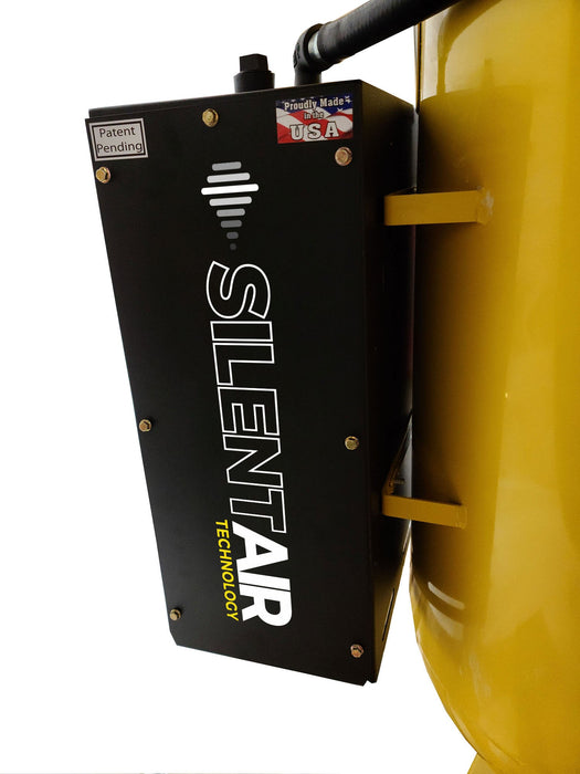 Close-up view of the Silent Air System on the EMAX E450 Series 5 HP Air Compressor, emphasizing the noise reduction technology